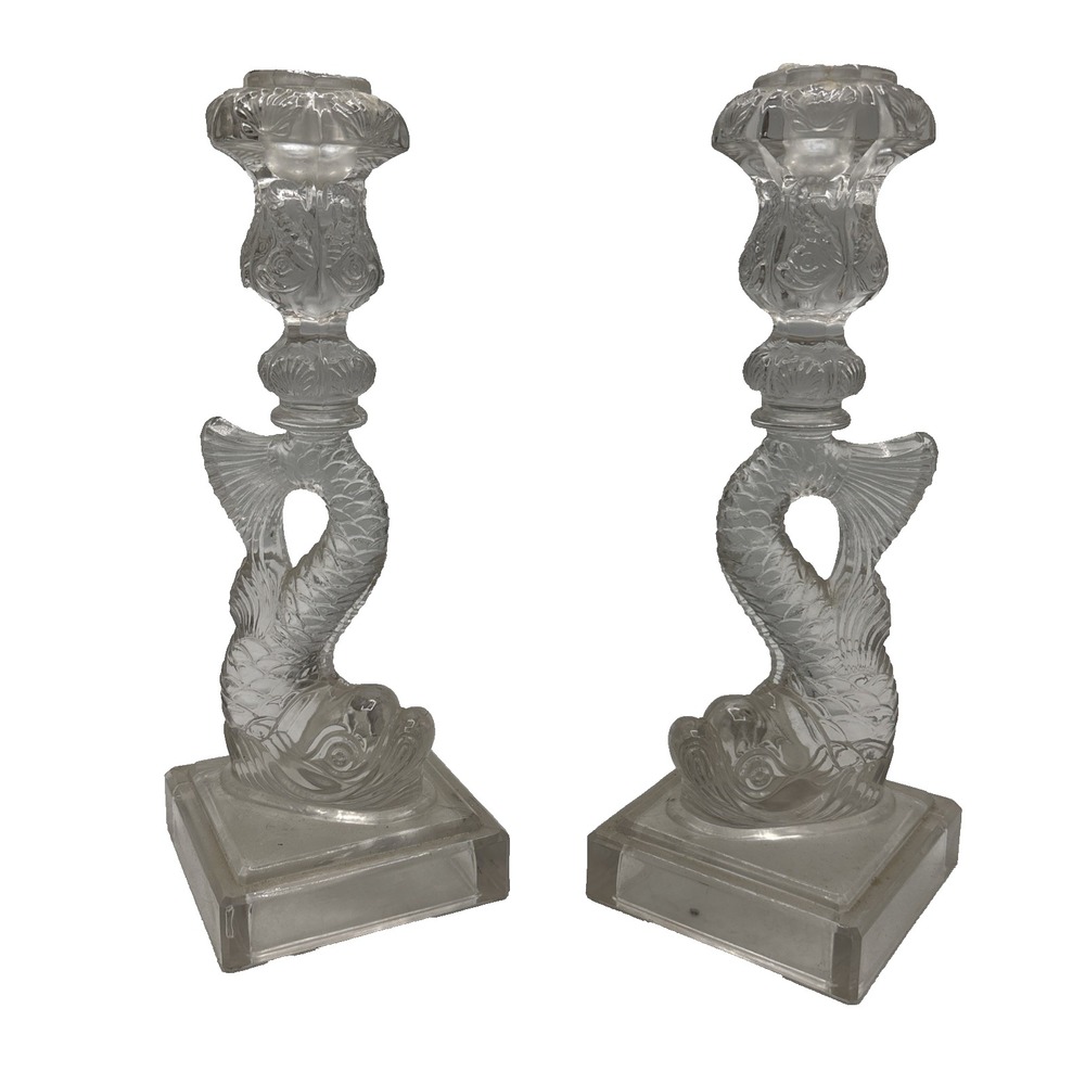 Vintage MMA Clear Glass Koi Fish Dolphin Candlesticks Candle Holders Pair 10.25"